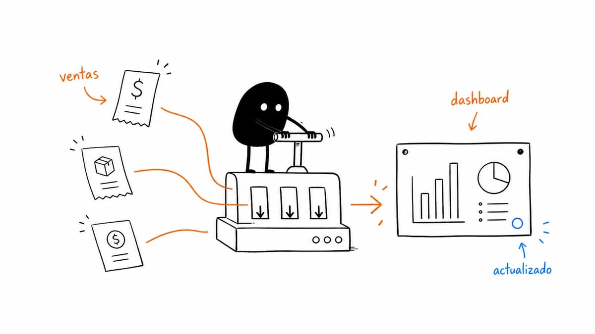 Ilustración de ventas, inventario y finanzas entrando a un dashboard.